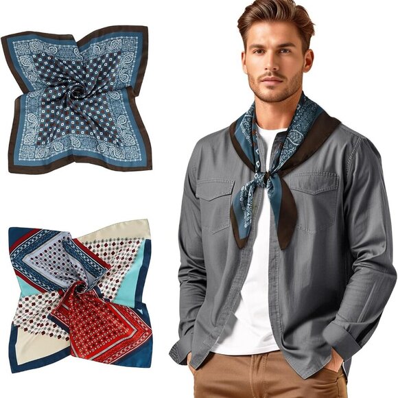 Mens Silk Feel Scarf 2 Pack, 27 Inch Neckerchief Ascot, Novelty Head Bandana Wra - Picture 1 of 6
